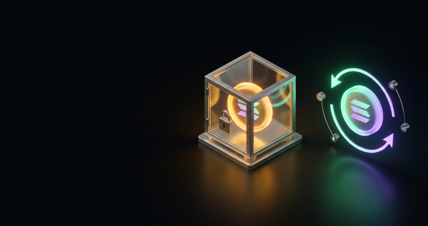 Native vs liquid staking on Solana: a locked SOL coin inside a glass vault versus a tradable liquid staking token