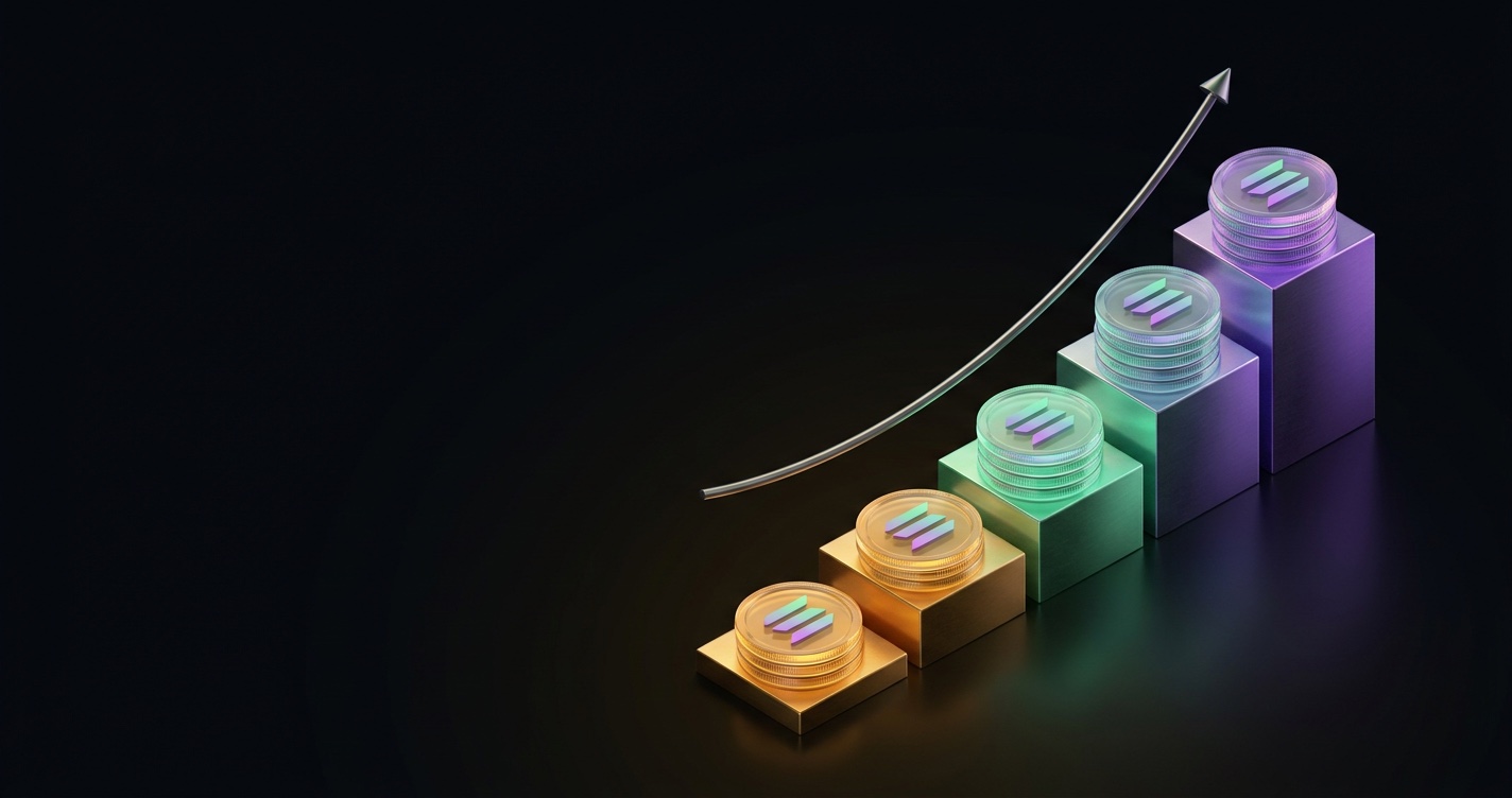 Solana staking rewards compounding over time as rising SOL coin stacks and an upward APY curve